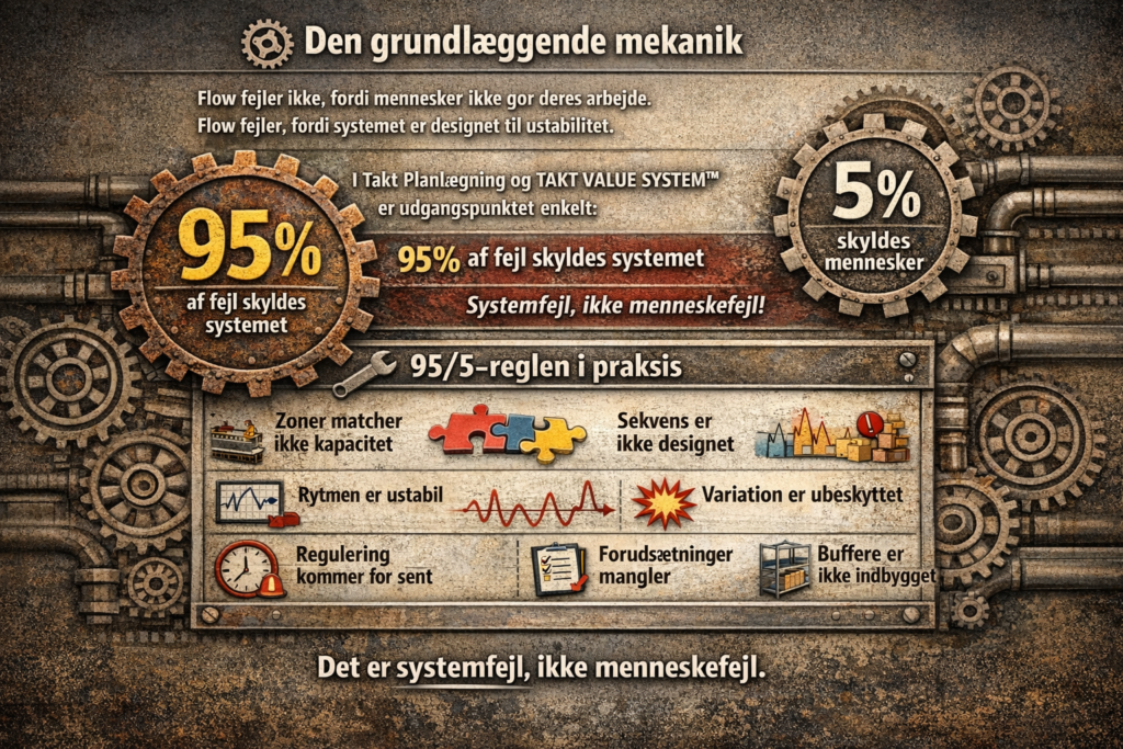 Infografik i industrielt gear-design, der viser 95/5-reglen: 95 % af fejl skyldes systemet og 5 % skyldes mennesker. Grafikken illustrerer systemfejl som manglende kapacitetsmatch, ustabil rytme, dårlig sekvens, ubeskyttet variation, sen regulering, manglende forudsætninger og fravær af buffere.