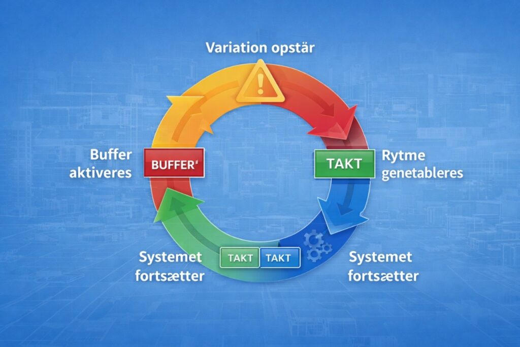 Illustration af sammenhæng mellem variation, buffer og takt, der sikrer stabilt flow i Lean byggeproces.