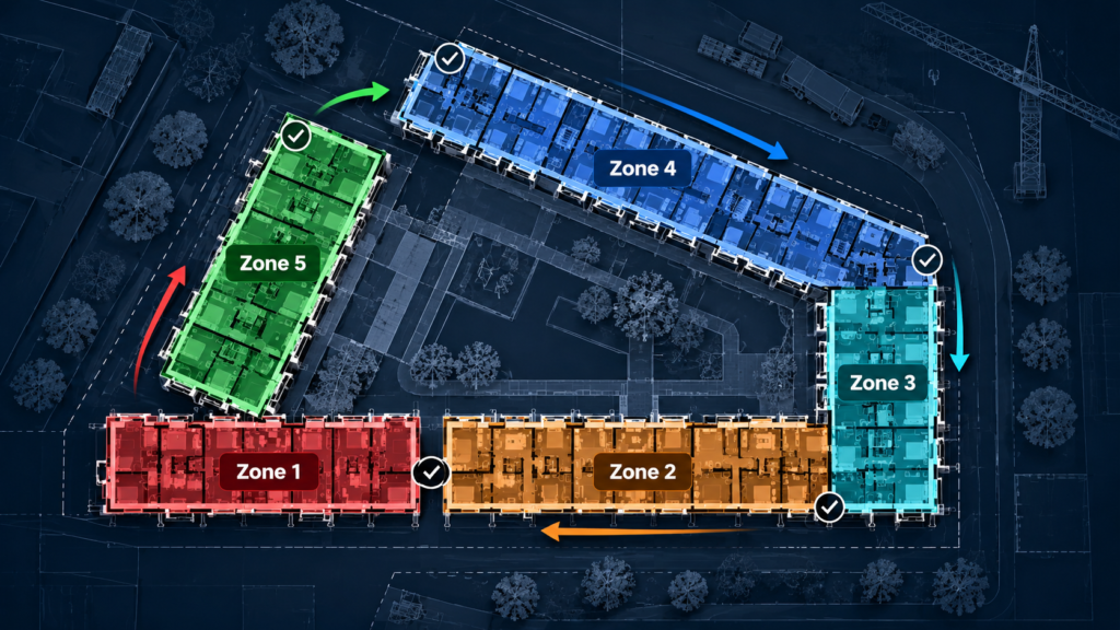 Zone Design i Takt Planlægning med fem farvekodede zoner, flowretning og validering før planen låses
