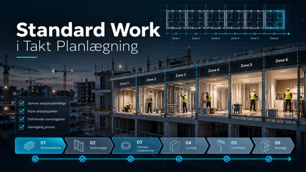 Standard Work i Takt Planlægning med zoner, Work Packages, sekvens og tydelige overdragelser