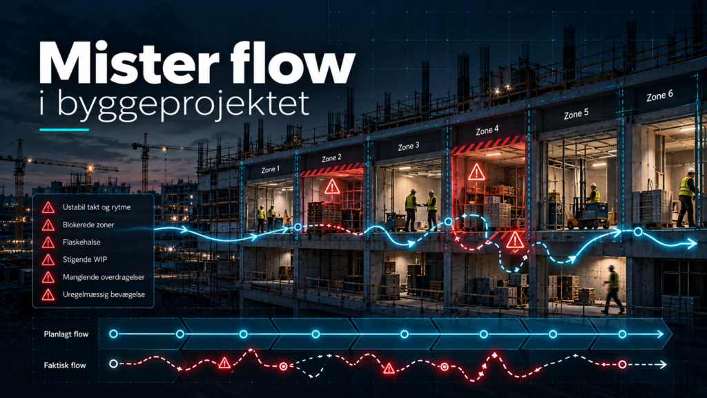 Byggeprojekt der mister flow med blokerede zoner, flaskehalse, stigende WIP og ustabil produktionsrytme