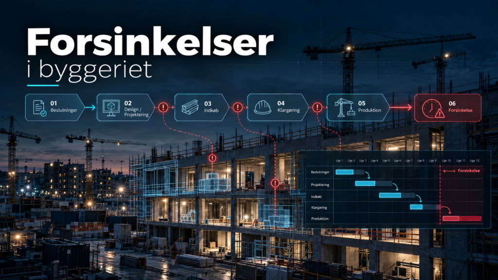 Forsinkelser i byggeriet vist som en dominoeffekt fra beslutninger og projektering til indkøb, readiness og produktion